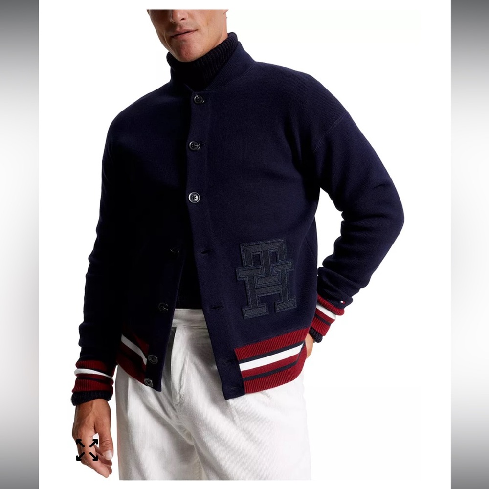 Tommy Hilfiger Men's Monogram Logo Appliqué Knit Navy Blue Varsity Bomber.